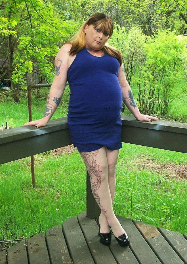 Blonde Tattooed BBW with Bare Legs wearing Blue Minidress